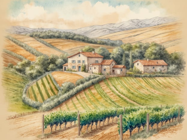 Auf dem Bild ist eine malerische Landschaft mit sanften Hügeln und Weinbergen zu sehen. Eine charmante, ländliche Unterkunft mit roten Dächern steht im Vordergrund, umgeben von grünen Bäumen und Feldern.In Südafrika gibt es eine Vielzahl von Hochzeitslocations, die ähnliche idyllische Umgebungen bieten. Von romantischen Weingütern in der Kapregion bis hin zu malerischen Landsitzen im Hinterland, viele Locations bieten eine atemberaubende Kulisse für Paare. Die Kombination aus natürlicher Schönheit und traditionellem Charme macht diese Orte besonders ansprechend für Hochzeiten.