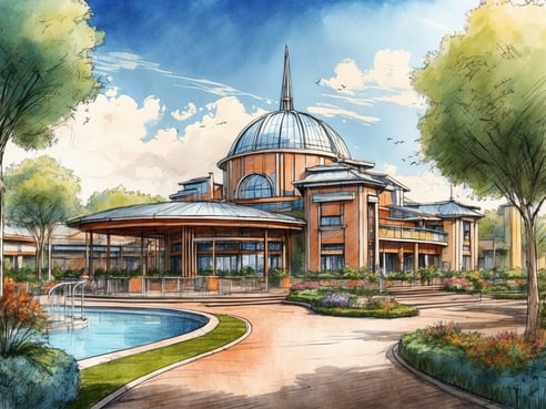 Eine stilisierte Darstellung eines Gebäudes im Freizeitpark Fraispertuis City in Frankreich. Das Bauwerk hat eine markante Kuppel mit einem zentralen Turm und große Fenster, die viel Licht hereinlassen. Um das Gebäude herum sind gepflegte Gärten mit bunten Blumen und Grünflächen angelegt. Ein blauer Pool mit einer geschwungenen Form ist im Vordergrund sichtbar, während im Hintergrund der Himmel mit einigen Wolken zu sehen ist. Die Gesamtatmosphäre vermittelt ein einladendes und freundliches Ambiente.