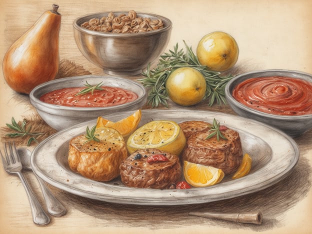 Auf dem Bild sind verschiedene Speisen zu sehen, die typisch für festliche Anlässe wie eine südafrikanische Hochzeit sein könnten. Die Darstellung umfasst gegrillte oder gebratene Fleischgerichte, die oft im Mittelpunkt festlicher Mahlzeiten stehen. Dazu gibt es frische Früchte wie Orangen und Zitronen, die für Geschmack und Farbe sorgen.Begleitet werden diese Gerichte von verschiedenen Saucen und Beilagen, darunter eine Liköre- oder Tomatensauce, die oft zu Fleisch serviert wird. Die Verwendung von Kräutern und warmen, einladenden Farben spiegelt die südafrikanische Gastfreundschaft wider, die einen wichtigen Teil der Hochzeitsfeierlichkeiten darstellt. Darüber hinaus könnte die Auswahl an Lebensmitteln eine große Vielfalt symbolisieren, die in der südafrikanischen Kultur geschätzt wird.