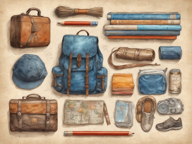 Auf dem Bild sind verschiedene Reiseutensilien zu sehen, die wichtige Vorbereitungen vor einer Reise darstellen. Dazu gehören:- Ein Koffer und ein Rucksack, ideal zum Packen von Kleidung und persönlichen Gegenständen.- Eine blauen Kappe, die für sonnige Tage nützlich ist.- Bücher, die möglicherweise Reisebeschreibungen oder -führer enthalten.- Eine Karte, um sich am Zielort zurechtzufinden.- Eine Kamera, um Erinnerungen festzuhalten.- Ein Wecker, um pünktlich zu sein.- Bequeme Schuhe für lange Erkundungstouren.Diese Gegenstände sind alle wichtig für eine gelungene Reisevorbereitung.