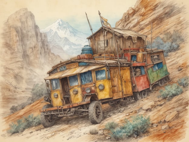 Auf dem Bild ist ein bunt gestalteter, alter Lastwagen oder ein Wohnmobil zu sehen, das sich in einer rauen, bergigen Landschaft befindet. Die Farben und die Bauweise des Fahrzeugs vermitteln ein Gefühl von Abenteuer und Freiheit.Stell dir vor, du sitzt in einer abgelegenen Landschaft, umgeben von beeindruckenden Bergen und weiten Tälern, die weit abseits der üblichen Touristenströme liegen. Der Duft von frischer Bergluft umhüllt dich, während die wenigen verstreuten Pflanzen in der Umgebung etwas Leben in die karge Erde bringen.Hier könnte man die Freiheit des Reisens erleben, Tag für Tag neue Orte zu entdecken und die Nacht unter dem Sternenhimmel zu verbringen. Vielleicht hörst du das Plätschern eines nahen Baches oder das Rascheln der Blätter im Wind. Solche Erlebnisse erlauben dir, den Alltag hinter dir zu lassen und in die unberührte Natur einzutauchen.