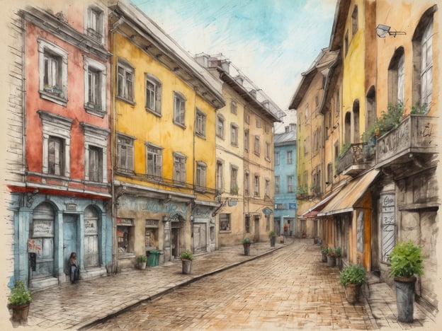Ein malerischer Stadtwinkel in Linz zeigt eine enge, gepflasterte Gasse mit bunten Gebäuden in Gelb, Rot und Blau. Die Fenster der Häuser sind mit kleinen Blumenkästen geschmückt. In der Gasse stehen graue Mülltonnen und ein paar Pflanzen in Töpfen. Eine Person sitzt an einer blauen Tür auf einer Treppe und beobachtet die Umgebung. Die Atmosphäre wirkt einladend und kreativ, typisch für die Strukturen und den Charme der Donaustadt. Der Himmel ist hellblau und vermittelt einen sonnigen Eindruck.