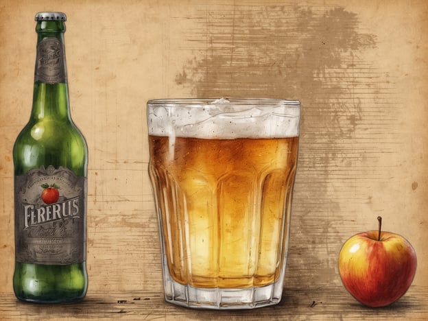 Auf dem Bild ist eine grüne Flasche mit dem Namen „Fererus“, ein Glas mit einem goldenen Getränk, das schäumt, sowie ein roter Apfel zu sehen.Die Geschichte des Apfelweins reicht weit zurück, mit Wurzeln in alten Kulturen, die Äpfel für die Fermentation nutzten. In vielen Regionen, besonders in Frankreich und Deutschland, ist Apfelwein ein traditionelles Getränk, das aus frisch gepresstem Apfelsaft hergestellt wird, der fermentiert wird. Jede Region hat ihre eigene Art, Apfelwein herzustellen, was zu einer Vielzahl von Geschmäckern und Stilen führt, die von süß bis herzhaft reichen.Das Bild symbolisiert dabei die Verbindung zwischen dem frischen Apfel und dem fertigen Getränk, das aus seiner Fermentation entsteht.
