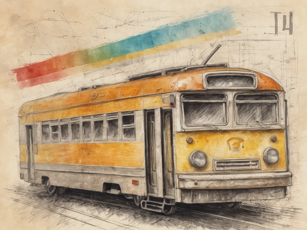 Auf dem Bild ist eine stilisierte Zeichnung einer Straßenbahn zu sehen, die in warmen Farben gehalten ist, insbesondere Gelb und Orange. Die Straßenbahn hat ausgestattete Fenster und eine klassische Form.In Bezug auf die Nutzung von WLAN und Hotspots könnte man sich vorstellen, dass Passagiere in der Straßenbahn möglicherweise auf mobile Hotspots zugreifen, um während der Fahrt im Internet zu surfen. Dies wäre besonders nützlich für Pendler oder Reisende, die ihre Zeit effizient nutzen möchten. Ein stabiler WLAN-Zugang könnte zudem die Nutzererfahrung in öffentlichen Verkehrsmitteln verbessern und die Kommunikation erleichtern.