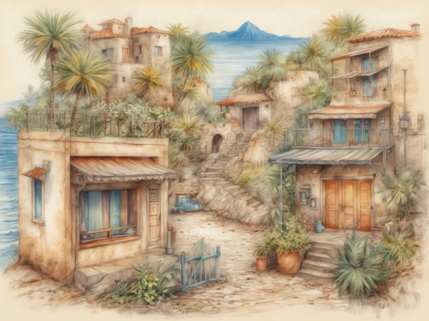 Auf dem Bild ist eine malerische Küstenlandschaft zu sehen, die durch eine harmonische Architektur und üppige, grüne Pflanzen gekennzeichnet ist. Die Gebäude sind im mediterranen Stil gehalten, mit terrakottafarbenen Dächern und hellen Wänden, die eine warme Atmosphäre schaffen. Die Küste ist durch das sanfte Meer und die umliegenden Naturmerkmale, wie Palmen und weitere Pflanzen, geprägt.Die Szene spiegelt kulturelle Vielfalt wider, indem sie Elemente verschiedener mediterraner Länder integriert, die durch ihre Bauweise, Farben und die umgebende Landschaft repräsentiert werden. Hier zeigen sich Einflüsse, die sowohl italienische als auch griechische Elemente beinhalten können, und vermitteln ein Gefühl von gemeinschaftlichem Leben entlang der Küste.