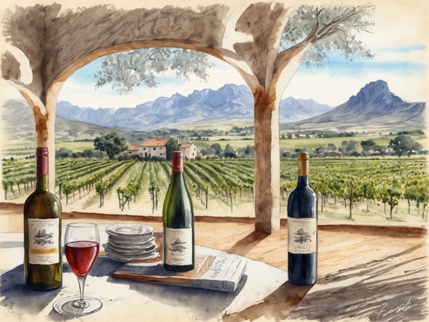 Auf dem Bild ist eine malerische Aussicht auf Weinberge zu sehen, die sich bis zu den Bergen im Hintergrund erstrecken. Auf einem Tisch liegen drei Weinflaschen und ein Glas mit rotem Wein, dazu einige Teller und ein Buch. Diese Szenerie erinnert an die Weinregionen Südafrikas, wo viele der besten Weine des Landes produziert werden.
Hier sind einige der Top 10 Weine Südafrikas, die in solch einer Umgebung genossen werden könnten:
1. **Kanonkop Cabernet Sauvignon**
2. **Meerlust Rubicon**
3. **Chenin Blanc von Ken Forrester**
4. **Hamilton Russell Chardonnay**
5. **Boekenhoutskloof The Chocolate Block**
6. **Rust en Vrede Shiraz**
7. **Eikendal Chardonnay**
8. **De Toren Fusion V**
9. **Vergelegen Estate Red**
10. **Thelema Mountain Vineyards Merlot**
Jeder dieser Weine könnte perfekt zu einem entspannten Moment in einer solchen Umgebung passen.