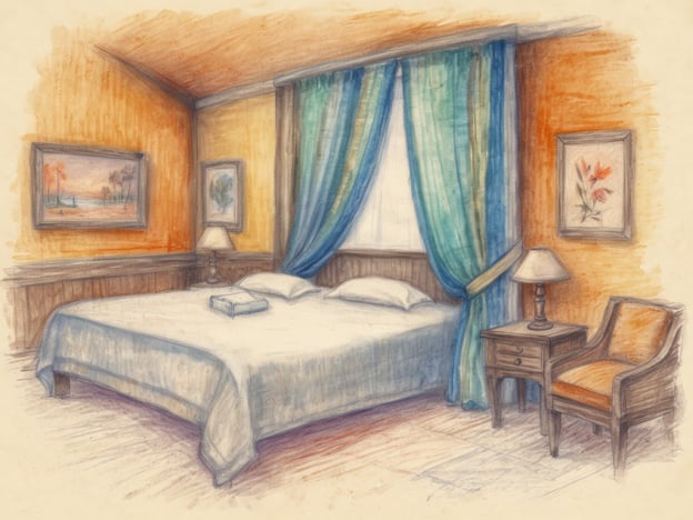 Auf dem Bild ist ein gemütliches Schlafzimmer zu sehen, das eine entspannende Atmosphäre ausstrahlt. Das große Bett mit frischen weißen Bettwäsche lädt zu erholsamen Nächten ein. Die sanften Farben der Wände und die schönen Vorhänge sorgen für ein harmonisches Ambiente.
Ein Nachttisch mit einer Lampe und ein bequemer Stuhl komplettieren die Einrichtung. Die Bilder an den Wänden und das natürliche Licht, das durch das Fenster strömt, tragen zur wohltuenden Wellness-Atmosphäre bei. Dieser Raum eignet sich hervorragend für Entspannung und Ruhe, ideal für eine Auszeit vom Alltag.