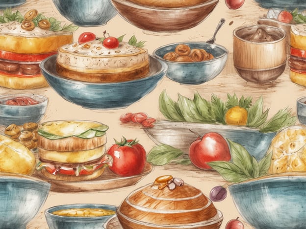 Auf dem Bild sind verschiedene kulinarische Köstlichkeiten zu sehen, die eine breite Palette an Gourmet-Gerichten darstellen. Es gibt herrlich dekorierte Kuchen mit Kirschen, die hervorragend zu einem feinen Dessert in einem gehobenen Restaurant passen würden.
Zusätzlich sind frische, appetitlich angerichtete Sandwiches und bunte Salate zu erkennen, die in einem stilvollen Bistro serviert werden könnten. Die Vielfalt der Früchte, wie Äpfel und Zitrusfrüchte, sowie die verschiedenen Schalen mit leckeren Beilagen oder Dips machen das Arrangement besonders ansprechend.
Insgesamt vermittelt das Bild den Eindruck eines genussvollen Buffets, das Gourmet-Liebhaber begeistern würde, mit einer Mischung aus süßen und herzhaften Speisen, die jeden Gaumen verwöhnen.