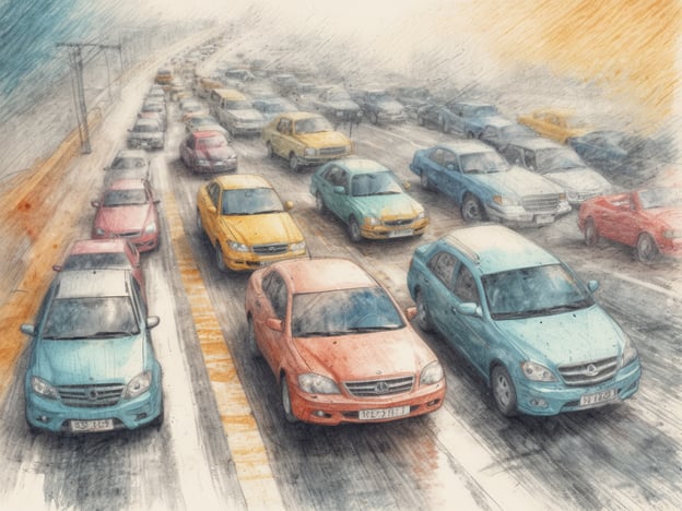 Auf dem Bild ist ein Stau auf einer mehrspurigen Straße zu sehen, mit verschiedenen Autos in unterschiedlichen Farben.Allgemeine Verkehrsregeln, die in dieser Situation relevant sein könnten, sind:1. **Abstand halten**: Es ist wichtig, einen sicheren Abstand zum vorausfahrenden Fahrzeug einzuhalten, um abruptes Bremsen zu vermeiden.2. **Blinken**: Vor dem Wechseln der Fahrspur sollte immer der Blinker gesetzt werden, um andere Verkehrsteilnehmer zu informieren.3. **Geschwindigkeit anpassen**: Im Stau muss die Geschwindigkeit entsprechend angepasst werden; häufig wird im Stop-and-Go-Verkehr gefahren.4. **Ruhe bewahren**: In Staus sollte man geduldig bleiben und keine riskanten Manöver versuchen, um die Situation nicht zu verschlimmern.5. **Notrufnummer**: Bei einem Unfall im Stau sollte die Notrufnummer gewählt werden und gegebenenfalls die Fahrzeuge in eine sichere Position gebracht werden.Diese Regeln tragen zur Sicherheit und Ordnung im Straßenverkehr bei.