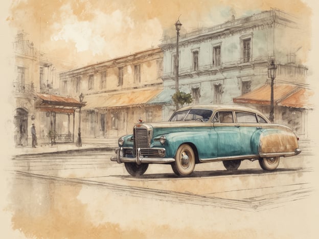 Auf dem Bild ist ein klassisches Auto in einer urbanen Umgebung zu sehen, umgeben von historischen Gebäuden. Die Szenerie vermittelt ein nostalgisches Gefühl, das an vergangene Zeiten erinnert.Das Design und Ambiente im COMO The Halkin sind elegant und zeitlos, mit einer Mischung aus modernem und klassischem Stil. Diese Ästhetik spiegelt sich auch in der kunstvollen Darstellung des Autos wider, das durch seine vintage Farben und Formen eine gewisse Raffinesse und Charme ausstrahlt. Die sanften, gedämpften Töne im Hintergrund schaffen eine entspannte Atmosphäre, die zum Verweilen einlädt, ähnlich wie die einladenden Räume in COMO The Halkin.