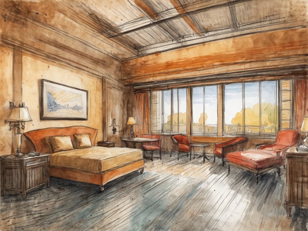 Auf dem Bild ist ein skizzenhaftes Interieur eines Zimmers zu sehen, das eine warme, einladende Atmosphäre ausstrahlt. Es zeigt ein großes Bett mit gelben Kissen, zwei stilvolle Sessel und einen kleinen Tisch. Große Fenster bieten einen Blick auf eine helle, freundliche Außenansicht.Das COMO Metropolitan London ist bekannt für seine eleganten und modernen Zimmer, die mit hochwertigen Materialien und zeitgemäßem Design ausgestattet sind. Gäste können einen luxuriösen Aufenthalt in einem ruhigen und stilvollen Ambiente genießen, während sie die lebhafte Atmosphäre von London erkunden.