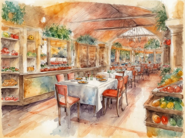 Auf dem Bild ist ein einladendes Restaurant mit einem charmanten, warmen Ambiente zu sehen. Die Tische sind liebevoll gedeckt und laden zu einem gemütlichen Essen ein. An den Wänden stehen Regale mit frischem Obst und Gemüse, darunter leuchtende Tomaten, Äpfel und verschiedene Zitrusfrüchte, die eine kulinarische Vielfalt suggerieren.Der Raum strahlt eine freundliche Atmosphäre aus, ideal für ein gastronomisches Erlebnis mit saisonalen Spezialitäten oder regionalen Gerichten. Die Verwendung von frischen Zutaten scheint hier besonders betont zu werden, was auf eine hohe Qualität der Speisen schließen lässt.