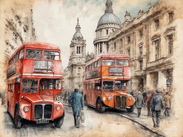 Auf dem Bild sind zwei rote Doppeldeckerbusse zu sehen, die auf einer Straße in London fahren. Im Hintergrund ragt eine beeindruckende Kirche oder Kathedrale, wahrscheinlich St. Paul's Cathedral, hervor. Viele Fußgänger sind auf der Straße unterwegs, und die Architektur der Gebäude schafft eine historische Atmosphäre. Entdecke London durch die lebendige Stadtansicht und die charakteristischen Busse!