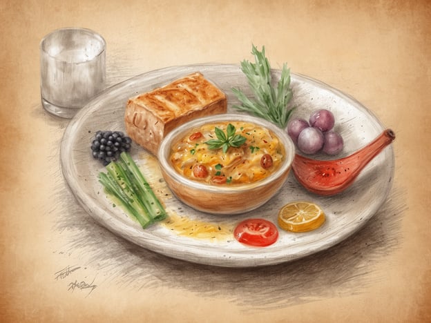 Auf dem Bild ist ein kunstvoll angerichtetes Gericht zu sehen, das verschiedene kulinarische Komponenten beinhaltet. Im Mittelpunkt steht eine Schüssel mit einer cremigen Speise, möglicherweise einer Art Risotto oder Püree, garniert mit frischen Kräutern und bunten Gemüsesorten.Begleitend dazu sind einige Beilagen auf dem Teller verteilt: eine Scheibe Brot, einige Gemüsestängel, Trauben, eine Zitrone sowie weitere interessante Zutaten. Ein Glas Wasser oder ein anderer Drink steht ebenfalls neben dem Teller.Diese Präsentation spiegelt die hochwertigen kulinarischen Erlebnisse wider, die man im Restaurant von COMO Le Montrachet erwarten kann, mit Fokus auf frische, saisonale Zutaten und ästhetische Anrichtung.