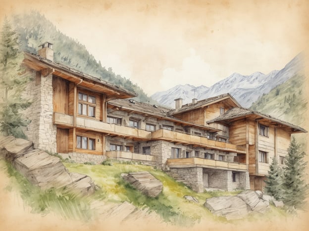 Auf dem Bild ist eine künstlerische Darstellung eines Hotels oder Chalets in den Alpen zu sehen, das eine Kombination aus Holz und Steinarchitektur aufweist. Der Bau wirkt rustikal und harmoniert gut mit der umgebenden Natur, was typisch für die alpine Bauweise ist.Das COMO Alpina Dolomites ist ein luxuriöses Resort in den Dolomiten, bekannt für seine atemberaubende Lage, exklusive Annehmlichkeiten und einen Fokus auf Wellness und Erholung. Es bietet eine Vielzahl an Aktivitäten, darunter Skifahren und Wandern, sowie ein erstklassiges Spa und gastronomische Angebote, die lokale und internationale Küche präsentieren. Das Design des Resorts ist darauf ausgelegt, den Gästen ein Gefühl von Ruhe und Naturverbundenheit zu vermitteln, was sich auch in der Darstellung des Gebäudes in dem Bild widerspiegelt.