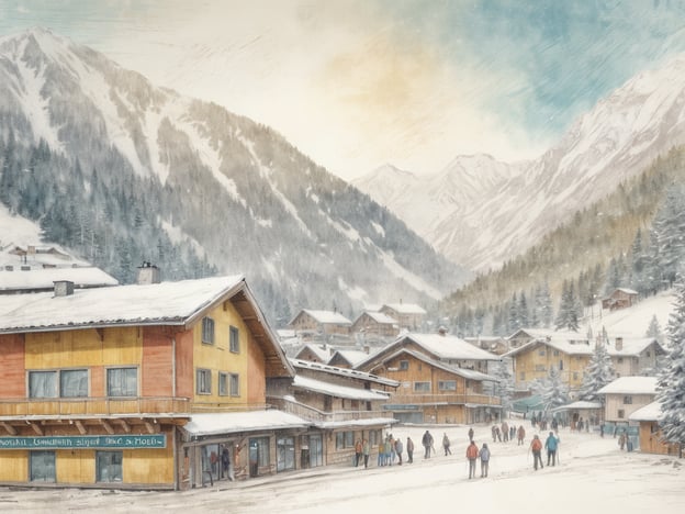 Pulsierendes Skizentrum mit alpinem Charme in Schladming. Die Szenerie zeigt eine verschneite Landschaft mit traditionellen, farbenfrohen Chalets und einem lebhaften Dorfplatz, wo Skiurlauber und Einheimische zusammenkommen. Im Hintergrund erheben sich majestätische, schneebedeckte Berggipfel unter einem klaren, blauen Himmel. Die Atmosphäre ist einladend und winterlich, mit vielen Menschen, die das winterliche Ambiente genießen.