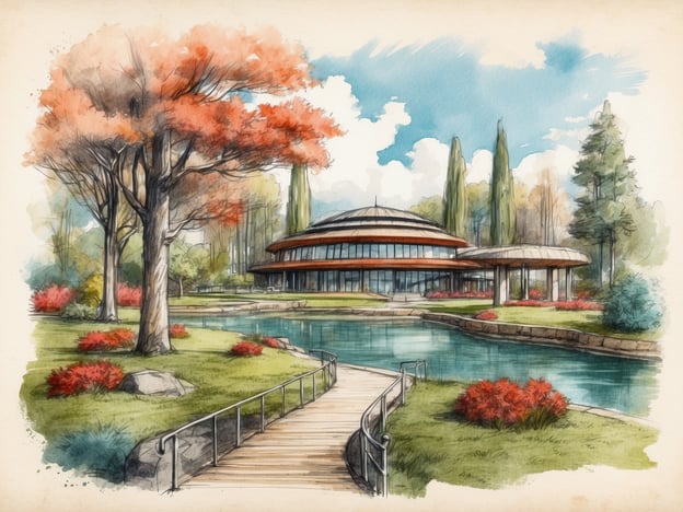 Auf dem Bild ist ein malerisches Gebäude zu sehen, umgeben von schönen, bunten Bäumen und einem ruhigen Gewässer. Die Architektur hat eine elegante, runde Form mit großen Fenstern, die einen Blick auf die Landschaft bieten. Die Umgebung ist grün und strahlt eine friedliche Atmosphäre aus, die an einen Park erinnert.In der Geschichte von Särkänniemi, einem Freizeitpark in Tampere, Finnland, wird oft auf die Integration von Natur und Freizeitgestaltung hingewiesen. Das Bild könnte als symbolisch für die Verbindung von Unterhaltung und der Schönheit der Natur interpretiert werden, wie sie auch in Särkänniemi zu finden ist. Dort verknüpfen sich Attraktionen, Erholung und Kunst, was einen Raum für Freude und Entspannung schafft.