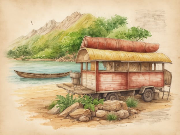Auf dem Bild ist ein rustikales, farbenfrohes Wohnmobil oder ein Verkaufswagen zu sehen, das am Ufer eines Gewässers steht. Die natürliche Umgebung mit Bäumen, Bergen und einem kleinen Boot im Wasser vermittelt ein Gefühl von Idylle und Abgeschiedenheit.In Bezug auf Nachhaltigkeit und Umweltschutz könnte man sagen, dass solch ein mobiler Lebensstil und der Aufenthalt in der Natur umweltfreundliche Elemente fördern. Der Einsatz von Ressourcen wie Wasser und Holz aus der Umgebung kann reduziert werden, insbesondere wenn nachhaltige Praktiken angewendet werden. Es ist wichtig, in solchen Szenarien darauf zu achten, die Natur zu respektieren, Abfall zu minimieren und die lokale Flora und Fauna zu schützen. Solche Darstellungen können inspirieren, bewusster mit der Umwelt umzugehen und nachhaltige Entscheidungen im Alltag zu treffen.