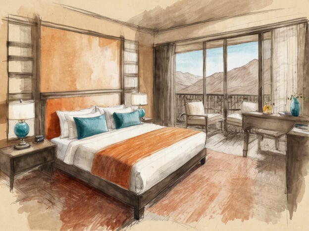 Auf dem Bild ist ein stilvolles Schlafzimmer zu sehen. Die Unterkunft bietet ein großes Doppelbett mit einer eleganten Bettdecke in Orangetönen und Kissen in Türkis. An beiden Seiten des Bettes stehen Nachttische mit passenden Tischlampen.Der Raum hat große Fenster, die einen Blick auf die Berge bieten und einen natürlichen Lichteinfall ermöglichen. Vor den Fenstern stehen zwei bequeme Stühle und ein Tisch, ideal für entspannte Momente. Außerdem ist ein Schreibtisch vorhanden, der praktische Möglichkeiten zum Arbeiten oder Lesen bietet. Die Ausstattung wirkt modern und einladend, mit einem harmonischen Farbkonzept.