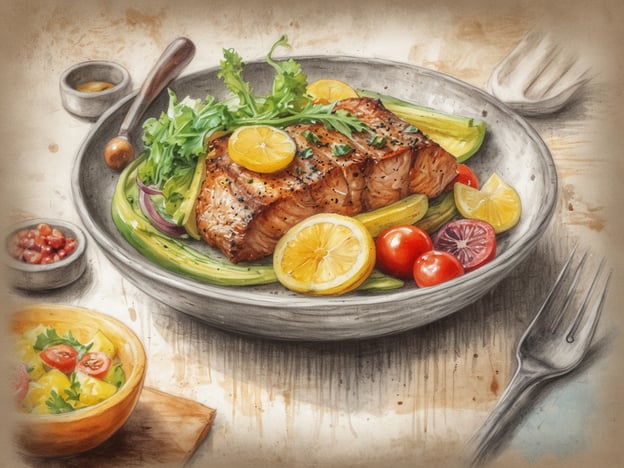 Auf dem Bild ist ein köstliches Gericht zu sehen, das sich hervorragend für ein gastronomisches Erlebnis eignet. Es zeigt ein saftig gegrilltes Stück Lachs, das perfekt auf dem Teller angerichtet ist. Der Lachs ist mit frischem Zitronensaft und Kräutern garniert, was ihm eine erfrischende Note verleiht. Um den Fisch herum befinden sich bunte Gemüsestücke, wie Gurken und Kirschtomaten, die für eine ansprechende Farbkombination sorgen.Zusätzlich gibt es eine kleine Schüssel mit einer Sauce, vielleicht für einen zusätzlichen Geschmacksakzent. Links vom Hauptgericht liegt eine schöne Schale mit einem Salat, der frische Zutaten wie Tomaten und Kräuter enthält — ideal, um eine leichte und gesunde Komponente zu dem herzhaften Hauptgericht beizufügen.Dieses Gericht beschreibt ein stilvolles und schmackhaftes Essen, das man in einem feinen Restaurant genießen könnte, und lädt dazu ein, die feinen Aromen und die ansprechende Präsentation zu würdigen.