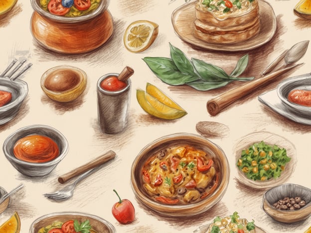 Auf dem Bild sind verschiedene kulinarische Highlights zu sehen. Es gibt eine schmackhafte Mischung aus verschiedenen Gerichten und Zutaten:1. Eine bunte Gemüsesuppe, die mit frischen Tomaten und einem Hauch von Zitrone verfeinert ist.2. Eine appetitliche Schüssel mit einem herzhaften Eintopf, der Gemüse und Kräuter enthält.3. Ein gefüllter Teller mit Salat, der frisch und knackig aussieht.4. Eine kleine Schale mit einer würzigen Sauce oder Dip, die zu den anderen Speisen passen könnte.5. Verschiedene frische Kräuter und Zitrusfrüchte, die das Bild zusätzlich beleben.Diese Auswahl verspricht eine Vielzahl an Aromen und Texturen, die die Vorfreude auf ein köstliches Essen wecken!