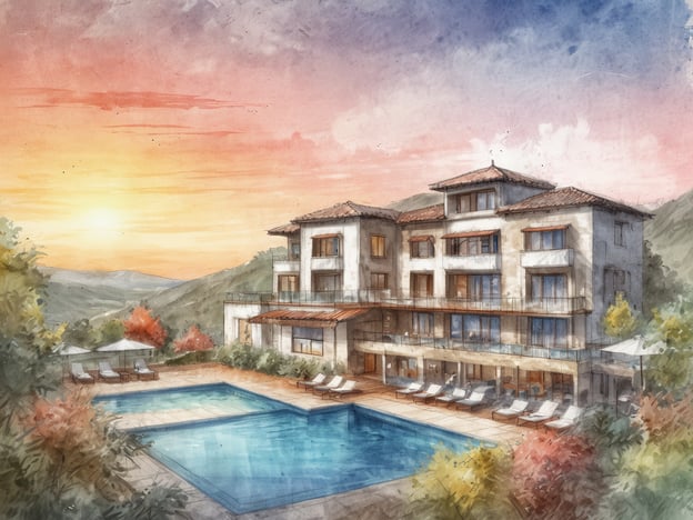 Auf dem Bild ist ein luxuriöses Hotel oder eine Unterkunft zu sehen, die in einer malerischen ländlichen Gegend liegt. Es gibt einen großen Außenpool, umgeben von Liegen, die zum Entspannen einladen.Die Lage zeichnet sich durch sanfte Hügel und eine schöne Landschaft aus, die zur Erholung und zum Genuss der Natur einlädt. Im Hintergrund ist ein beeindruckender Sonnenuntergang zu sehen, was dem gesamten Szenario eine romantische Atmosphäre verleiht.Zu den Annehmlichkeiten zählen der Pool, die Liegen für die Gäste und die Balkone an den Zimmern, die einen direkten Blick auf die Umgebung bieten. Die Architektur wirkt einladend und harmonisch mit der Natur verbunden.