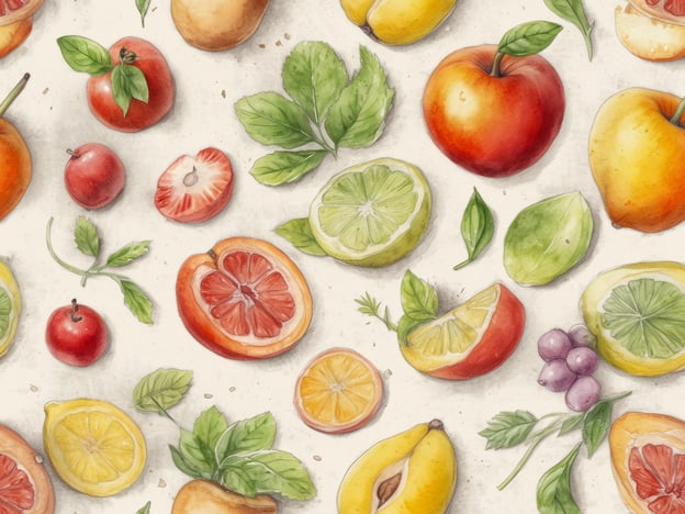 Auf dem Bild sind verschiedene frische Früchte und Kräuter illustriert, die eine lebendige und einladende Kulinarik darstellen. Diese Auswahl bietet nicht nur einen visuellen Genuss, sondern fördert auch das Wohlbefinden. Die bunten Zutaten, wie Äpfel, Zitronen, Limetten und Beeren, sind reich an Vitaminen und Nährstoffen, die gut für die Gesundheit sind. Sie laden dazu ein, gesunde Gerichte oder erfrischende Getränke zuzubereiten, die sowohl den Gaumen erfreuen als auch das allgemeine Wohlbefinden steigern. Die Kombination aus frischen Früchten und Kräutern schafft eine harmonische Verbindung von Wellness und Kulinarik.