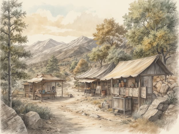 Auf dem Bild sind kleine Marktstände oder Hütten in einer abwechslungsreichen Berglandschaft zu sehen. Die Umgebung wirkt naturnah mit Bäumen und Bergen im Hintergrund.In einer solchen Region könntest du Aktivitäten wie Wanderungen in den Bergen, Erkundung von Wanderwegen oder Ausflüge zu verschiedenen Aussichtspunkten unternehmen. Vielleicht gibt es auch Sehenswürdigkeiten in der Nähe, wie Wasserfälle oder historische Stätten, die einen Besuch wert sind. Ein lokaler Markt könnte ebenfalls eine großartige Gelegenheit bieten, regionale Produkte und Köstlichkeiten zu probieren.