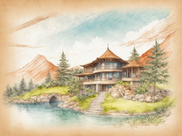 Auf dem Bild ist eine idyllische Landschaft mit einem eleganten Gebäude zu sehen, das an COMO Shambhala Estate erinnert. Dieses luxuriöse Rückzugsort, umgeben von der natürlichen Schönheit der balinesischen Berge, bietet eine harmonische Verbindung zur Natur. Typischerweise steht COMO Shambhala für Wellness, Entspannung und Selbstfindung, mit einem Fokus auf ganzheitliche Gesundheit und Erholung.Die Architektur des gezeigten Hauses spiegelt asiatische Designelemente wider, die oft in COMO Shambhala zu finden sind, und das ruhige Wasser in der Umgebung vermittelt ein Gefühl von Frieden und Ruhe. In dieser idyllischen Umgebung können Besucher sich zurückziehen und die Schönheit der Natur genießen, während sie an ihrem Wohlbefinden arbeiten.