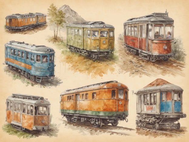 Auf dem Bild sind verschiedene historische Triebwagen und Schienenfahrzeuge zu sehen, die in Aquarelltechnik dargestellt sind. Diese Triebwagen könnten Teil einer historischen Bahnreise oder eines Eisenbahnmuseums sein.Die Angebote und Aktivitäten vor Ort könnten Folgendes umfassen:- **Führungen durch ein Eisenbahnmuseum**: Besuch von Ausstellungen über die Geschichte der Eisenbahn.- **Fahrten mit historischen Zügen**: Möglichkeit, auf bestimmten Strecken mit alten Triebwagen zu fahren.- **Veranstaltungen und Sonderausstellungen**: Besondere Events, die die Geschichte und Technologie der Eisenbahnen thematisieren.- **Familienfreundliche Aktivitäten**: Workshops und Programme für Kinder, um die Welt der Eisenbahnen zu entdecken.So könnten Besucher ein faszinierendes und lehrreiches Erlebnis erhalten.