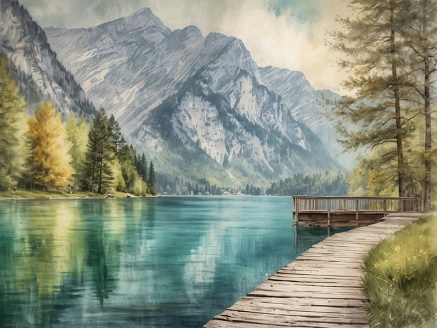 Ein glasklarer See umgeben von majestätischen Bergen und einer üppigen, bunten Vegetation präsentiert sich in Altaussee. Das Wasser spiegelt die farbenfrohen Bäume und die beeindruckenden Felsformationen wider. Ein Holzsteg führt sanft ins Wasser und lädt zu einem ruhigen Spaziergang ein. Die Landschaft strahlt eine friedvolle Atmosphäre aus und inspiriert zu literarischen Gedanken und kreativen Ideen. Die sanfte Beleuchtung und die harmonischen Farben verleihen der Szene eine traumhafte Stimmung, die die natürliche Schönheit des Ortes unterstreicht.