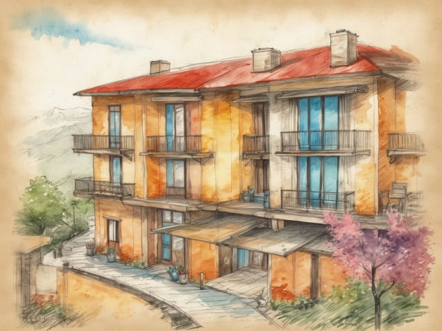 Auf dem Bild ist ein malerisches Gebäude zu sehen, das mehrere Etagen hat und mit einem roten Dach gedeckt ist. Die Fassade ist in warmen Farben gehalten, und große Fenster lassen viel Licht hinein. Die Balkone sind einladend gestaltet und bieten einen Blick auf die Umgebung.Die Unterkünfte scheinen komfortabel und modern zu sein, ideal für einen ruhigen Aufenthalt. Es gibt auch einige Baumpflanzungen und blühende Pflanzen im Vordergrund, die die Umgebung zusätzlich aufwerten. Annehmlichkeiten wie Außensitzbereiche und vielleicht ein Zugang zur Natur sind ebenfalls erkennbar.