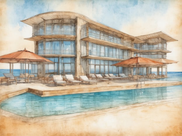 Auf dem Bild ist eine stilisierte Darstellung eines modernen Resorts zu sehen, das an die Architektur des COMO Uma Canggu erinnert. Diese einzigartige Unterkunft bietet außergewöhnliche Annehmlichkeiten wie:1. **Wellnessbereich**: Ein erstklassiges Spa, das maßgeschneiderte Behandlungen und Entspannung in einer traumhaften Umgebung bietet.2. **Küchenkonzept**: Hochklassige Restaurants, die lokale und internationale Küche mit frischen Zutaten aus der Region servieren.3. **Aktivitäten**: Zugang zu einer Vielzahl von Wassersportarten und Yoga-Kursen, die die Schönheit der Umgebung nutzen.4. **Infinity-Pool**: Ein atemberaubender Pool mit Meerblick, ideal zum Entspannen und Sonnenbaden.5. **Luxuriöse Unterkünfte**: Stilvolle Zimmer und Suiten, die modernen Komfort mit balinesischem Flair kombinieren.Diese Annehmlichkeiten schaffen eine entspannende und luxuriöse Atmosphäre für jeden Gast.
