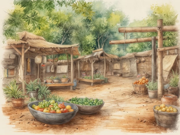 Auf dem Bild ist eine malerische Szene aus einem Markt oder einer landwirtschaftlichen Ansiedlung zu sehen, die in der Umgebung von Ubud, Bali, angeordnet sein könnte. Es gibt einfache, von Holz und Stroh gebaute Stände, die eine Vielzahl von Früchten und Pflanzen zeigen. Die Atmosphäre wirkt ruhig und naturverbunden, umgeben von üppigem Grün. Die verschiedenen Früchte sind in großen Schalen und Körben präsentiert, was typisch für lokale Märkte in der Region ist. Diese Szenerie vermittelt ein Gefühl von ländlicher Idylle und der Kultur Bali's, die stark mit der Natur und der Landwirtschaft verbunden ist.