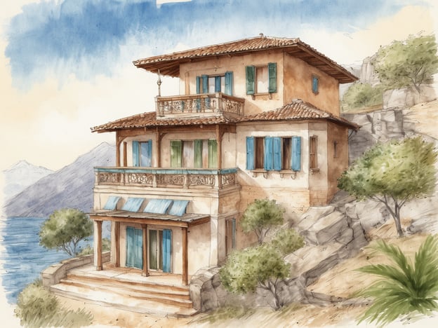 Auf dem Bild ist ein malerisches Gebäude zu sehen, das möglicherweise an eine Villa oder ein Ferienhaus erinnert. Es hat eine mediterrane Architektur mit einem Balkon, großen Fenstern und einem Dach aus Terrakottaziegeln. Umgeben ist das Haus von einer traumhaften Landschaft, die Berge und Wasser im Hintergrund zeigt.Inspiriert von der Geschichte des COMO Uma Paro, könnte man sich vorstellen, dass dieses Haus ein Ort der Ruhe und Erholung ist, wo Gäste inmitten der Natur entspannen können. Ähnlich wie das COMO Uma Paro, bekannt für seine Schönheit und seine Verknüpfung zur Natur, strahlt dieses Bild eine friedliche Atmosphäre aus, die zur Erkundung und zum Innehalten einlädt.