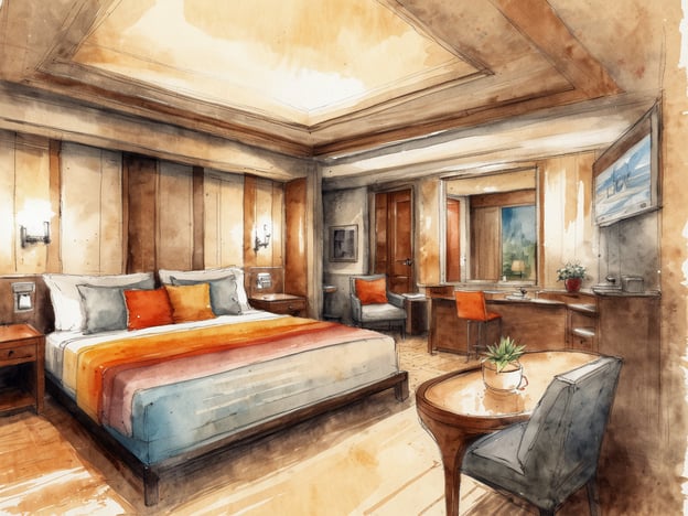 Auf dem Bild ist ein luxuriöses Hotelzimmer zu sehen. Es zeichnet sich durch eine große, einladende Bettenlandschaft mit farbigen Kissen aus, die eine gemütliche Atmosphäre schafft. Die Wände zeigen ein elegantes Design, während die Holzmöbel und der stilvolle Boden einen warmen, modernen Eindruck hinterlassen.Zusätzlich gibt es eine gemütliche Sitzecke mit eleganten Sesseln, die zum Entspannen einlädt. Ein Schreibtisch mit direktem Blick auf ein Fenster, durch das Tageslicht strömt, befindet sich ebenfalls im Raum. Insgesamt vermittelt das Zimmer ein Gefühl von Komfort und Stil, unterstrichen durch qualitativ hochwertige Annehmlichkeiten und ein geschmackvolles Ambiente.