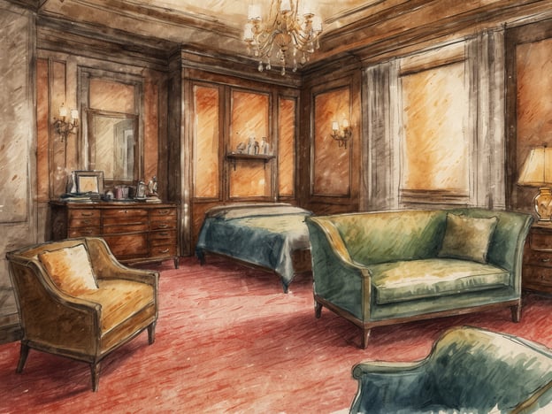 Auf dem Bild ist ein luxuriöses Zimmer zu sehen, das durch elegante Details und eine stilvolle Ausstattung geprägt ist. Die Wände sind in warmen Holztönen gehalten, und es gibt geschmackvolle Wandverzierungen. Ein großer Kronleuchter sorgt für eine gediegene Beleuchtung, während die Möbel in sanften Farben und erstklassigen Materialien gestaltet sind.Das Zimmer verfügt über ein großes, bequemes Bett und eine ansprechende Sitzgruppe mit einer Mischung aus armlehnensessel und einem Sofa, was zum Entspannen einlädt. Eine Kommode aus edlem Holz ergänzt die Einrichtung, während dekorative Objekte wie Bilderrahmen und kleine Accessoires dem Raum eine persönliche Note verleihen. Der rote Teppich verleiht eine wohlige Atmosphäre, die den luxuriösen Charakter des Zimmers unterstreicht.