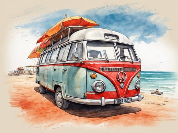 Auf dem Bild ist ein farbenfroher VW-Bus zu sehen, der am Strand steht. Der Bus hat einen pastellblauen und roten Anstrich und ist mit mehreren Sonnenschirmen auf dem Dach ausgestattet, was auf einen entspannten Tag am Strand hinweist. Im Hintergrund sieht man das Meer, und am Strand ist eine Person zu sehen, die sich entspannt oder mit Wasser spielt.**Tipps für Besucher:**1. **Hitzeschutz**: Wenn du am Strand bist, vergiss nicht, Sonnencreme aufzutragen und einen Hut zu tragen.2. **Sonne genießen**: Nutze die Schirme oder bring deinen eigenen mit, um Schatten zu finden.3. **Wasseraktivitäten**: Überlege dir, Wassersportarten auszuprobieren, wenn sie angeboten werden.4. **Picknick**: Plane ein Picknick, um die schöne Umgebung zu genießen – ein Bus wie dieser wäre perfekt dafür!5. **Entspannung**: Nimm dir Zeit, um einfach zu entspannen und die Aussicht zu genießen.