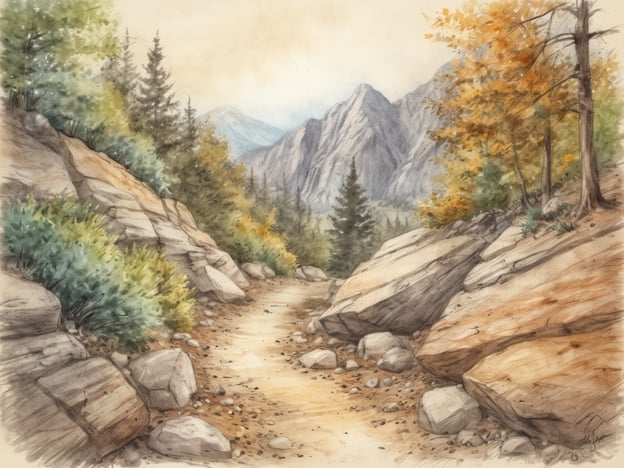 Auf dem Bild ist ein schmaler Pfad zu sehen, der durch eine malerische Landschaft mit Felsen und Bäumen führt. Die Umgebung scheint bergig zu sein, mit einer sanften Erhebung im Hintergrund. Diese Art von Umgebung eignet sich hervorragend für Aktivitäten wie Wandern und Radfahren.
In der Nähe könnte es Sehenswürdigkeiten wie Aussichtspunkte geben, von denen aus man die beeindruckende Berglandschaft bestaunen kann. Auch in den Herbstmonaten könnte man hier besonders schöne Farben der Blätter genießen. Umgeben von der Natur, ist es ein idealer Ort für Picknicks oder Fotografien.