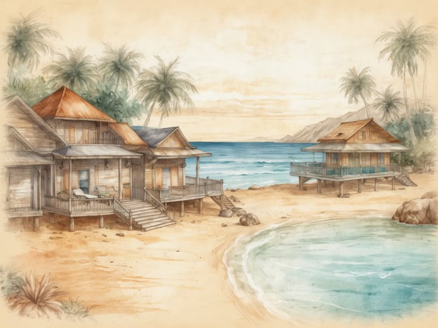 Auf dem Bild sind malerische Ferienunterkünfte am Strand zu sehen, umgeben von Palmen und einem schönen Ozean. Es gibt mehrere kleine Holzhäuser, die eine gemütliche Atmosphäre ausstrahlen. Diese Unterkünfte scheinen ideal für einen entspannten Aufenthalt zu sein, mit Veranden und direktem Zugang zum Strand.Die Zimmerauswahl könnte variieren, von einfachen, rustikalen Unterkünften bis hin zu etwas luxuriöseren, mit Blick auf das Wasser. Gäste könnten zwischen Zimmern wählen, die mehr Privatsphäre bieten oder solche, die näher am Strand liegen, um die Meeresbrise zu genießen.