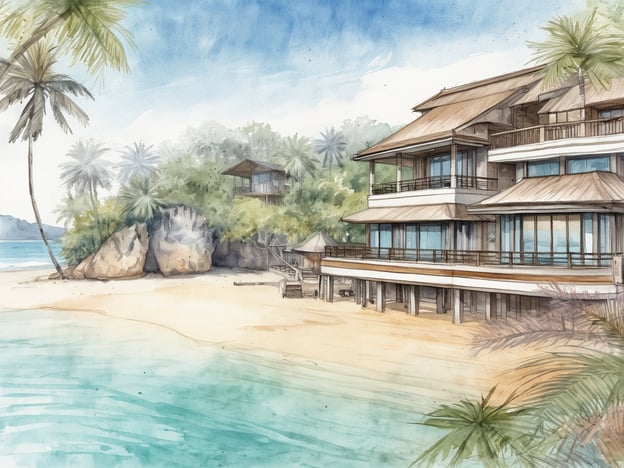 Auf dem Bild ist eine künstlerische Darstellung eines Resort-Hotels zu sehen, das an einem Strand gelegen ist. Im Vordergrund erkennt man einen Sandstrand mit klaren Wassern und Palmen, während im Hintergrund mehrere Gebäude mit einem modernen, jedoch traditionellen thailändischen Design abgebildet sind. Diese Gebäude scheinen auf Pfählen gesetzt und bieten eine wunderschöne Aussicht auf das Meer.
Das Centara Grand Beach Resort & Villas Krabi ist ein luxuriöses Resort, das direkt am Strand gelegen ist. Es bietet eine Kombination aus modernen Annehmlichkeiten und traditioneller thailändischer Architektur. Die Gäste können in stilvollen Villen und Zimmern wohnen, die oft Meerblick bieten. Das Resort verfügt über verschiedene Restaurants, einen Spa-Bereich und zahlreiche Freizeitmöglichkeiten wie Wassersport und Ausflüge zu nahegelegenen Inseln. Die idyllische Lage und die exklusiven Einrichtungen machen es zu einem beliebten Ziel für Erholungssuchende und Familien.