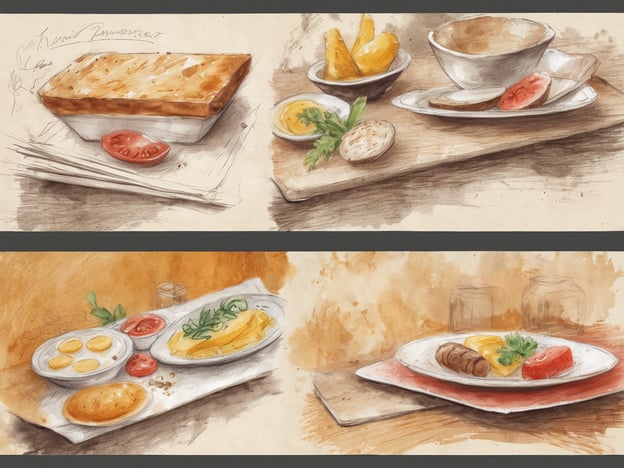 Auf dem Bild sind verschiedene kulinarische Erlebnisse in Form von zeichnerischen Illustrationen zu sehen.Im oberen Bereich sehen wir eine herzhaft aussehende Speise, möglicherweise eine Auflauf- oder Pastetenart, begleitet von frischen Tomatenscheiben und Beilagen wie Kartoffeln und einem Dip oder einer Sauce.Der untere Teil zeigt ein Frühstücksgericht mit Eiern, die kreativ angerichtet sind, sowie einer Omelette, garniert mit frischen Kräutern und weiteren Beilagen. Ein weiteres Gericht besteht aus Fleisch, Käse und Tomaten, stilvoll auf einem Teller angerichtet.Die Präsentation der Speisen vermittelt ein Gefühl von Genuss und lädt dazu ein, diese kulinarischen Köstlichkeiten zu probieren.