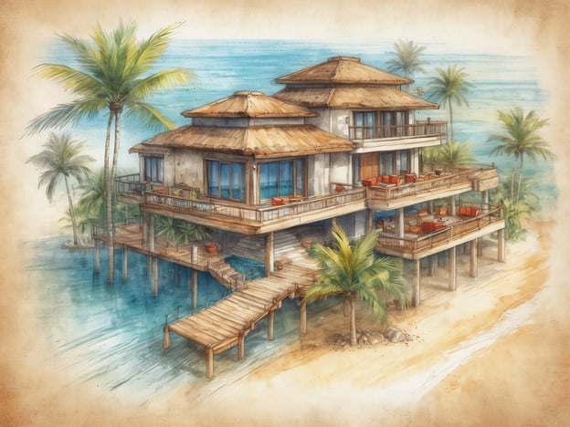 Auf dem Bild ist eine künstlerische Darstellung eines luxuriösen Resorts zu sehen, das an einem Wasservorstand gebaut ist, umgeben von Palmen und einem schönen blauen Wasser. Diese Art von Architektur könnte mit dem Centara Grand Island Resort & Spa in den Malediven assoziiert werden.### Überblick über das Centara Grand Island Resort & Spa Maldives:Das Centara Grand Island Resort & Spa Maldives ist ein exklusives Resort, das auf einer privaten Insel im Südatlantik gelegen ist. Es bietet eine Vielzahl von Unterkünften, darunter Überwasser- und Strandvillen, die sich perfekt für einen erholsamen Urlaub eignen.Das Resort bietet zahlreiche Annehmlichkeiten, darunter:- **Restaurants:** Mehrere gastronomische Optionen mit internationaler und lokaler Küche.- **Wellnessbereich:** Ein Spa, das eine Reihe von Behandlungen zur Entspannung und Erneuerung bietet.- **Freizeitaktivitäten:** Wassersportangebote, Schnorchelmöglichkeiten und Tauchmöglichkeiten in der herrlichen Unterwasserwelt der Malediven.- **Familienfreundlich:** Aktivitäten für Kinder und Familien sowie spezielle Programme.Das Centara Grand Island Resort & Spa legt großen Wert auf Nachhaltigkeit und den Schutz der Umwelt, was es zu einem attraktiven Ziel für umweltbewusste Reisende macht.