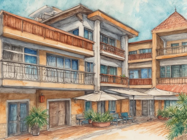 Auf dem Bild sind mehrere Gebäude zu sehen, die in einem mediterranen Stil gestaltet sind. Die Architektur ist freundlich und einladend, mit großen Fenstern und Balkonen. Im Vordergrund gibt es einen überdachten Bereich mit Sonnenschirmen und Sitzgelegenheiten, der ideal für Entspannung im Freien ist. Die Umgebung ist mit Pflanzen dekoriert, was zur gemütlichen Atmosphäre beiträgt.
Diese Unterkunft könnte verschiedene Möglichkeiten anbieten, wie zum Beispiel:
1. **Hotelzimmer** - Komfortable Unterkünfte mit Annehmlichkeiten und Blick auf die Umgebung.
2. **Ferienwohnungen** - Geräumige Einheiten mit Küche für Selbstversorger.
3. **Gästehaus** - Gemütliche Unterkunft mit familiärem Flair.
4. **Bungalow** - Private, separate Unterkünfte für mehr Intimität.
Insgesamt vermittelt das Bild den Eindruck eines angenehmen Ortes für einen entspannenden Aufenthalt.