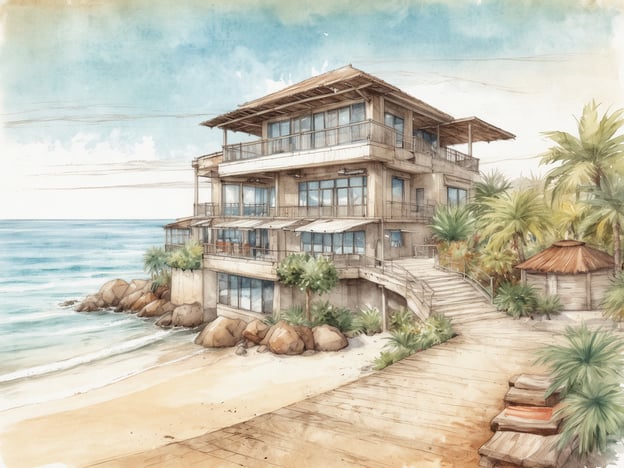 Auf dem Bild ist eine künstlerische Darstellung eines Strandresorts zu sehen, das an einem schönen Strand gelegen ist. Die Architektur ist modern und offen gestaltet, mit großen Fenstern, die den Blick auf das Meer ermöglichen. Um das Gebäude herum gibt es tropische Pflanzen und einen Weg, der zum Strand führt.
Das Centara Son Dae Beach Resort & Spa ist bekannt für seine idyllische Lage, die perfekte Möglichkeit für Entspannung und Erholung bietet. Gäste können sich auf luxuriöse Unterkünfte, erstklassige Annehmlichkeiten und eine Vielzahl von Freizeitaktivitäten freuen, darunter Spa-Behandlungen, Wassersport und kulinarische Erlebnisse. Die Kombination aus natürlicher Schönheit und modernem Komfort macht das Resort zu einem beliebten Ziel für Urlauber, die eine Auszeit am Strand suchen.