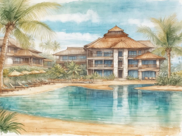 Auf dem Bild ist eine künstlerische Darstellung eines Resorts zu sehen, das an einem Strand liegt. Es zeigt Gebäude im asiatischen Stil mit traditionellen, schrägen Dächern, umgeben von Palmen und Sonnenliegen. Das klare Wasser vor den Gebäuden deutet auf einen Pool oder eine lagunenartige Umgebung hin, die für Entspannung geeignet ist.
Das Centara Mae Nam Resort befindet sich auf der thailändischen Insel Koh Samui und bietet elegante Unterkünfte in einem tropischen Ambiente. Das Resort verfügt über verschiedene Annehmlichkeiten wie Pools, Wellnessbereiche und Restaurants, die eine Vielzahl kulinarischer Erlebnisse bieten. Die Umgebung bietet zudem zahlreiche Freizeitaktivitäten, darunter Wassersport und Erkundungstouren in der Natur, ideal für einen erholsamen Urlaub.