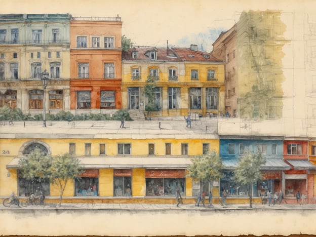 Ein farbenfrohes Stadtbild zeigt eine Straße im Bezirk Leopoldstadt mit mehreren historischen Gebäuden. Die Architektur ist vielfältig und reicht von pastellfarbenen Fassaden bis hin zu leuchtenden, warmen Tönen. Auf der linken Seite ist eine große Mauer mit einer Bogenluke zu sehen, während die gegenüberliegenden Seiten unterschiedliche Geschäfte und Cafés beherbergen, die mit großen Fenstern und Fensterbänken ausgestattet sind. Passanten schlendern entlang der Straße, einige sitzen an Tischen im Freien, und Bäume spenden Schatten. Im Hintergrund sind schlichte Gebäude sichtbar, die das Gesamtbild harmonisch abrunden. Der Prater und die Donauinsel sind in der Nähe, was das Bild zu einem lebendigen Ausdruck der Vielfalt des zweiten Bezirks macht.