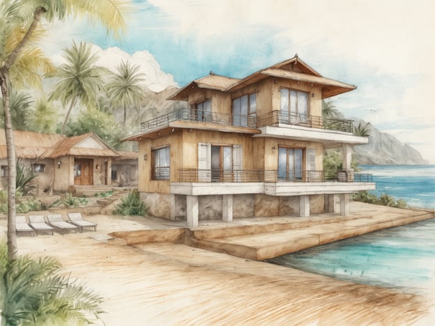 Auf dem Bild ist ein malerisches Resort zu sehen, das direkt am Wasser liegt. Es zeigt zwei Gebäude: ein modernes, zweistöckiges Hauptgebäude mit vielen Fenstern und einem überdachten Balkon, sowie ein weiteres, traditionelleres Gebäude daneben. Die umliegende Umgebung ist tropisch, mit Palmen und einer schönen Strandlandschaft.
Unterkunftsmöglichkeiten im Resort könnten sein:
1. **Luxus-Suiten** im Hauptgebäude mit Meerblick und Zugang zu privaten Terrassen.
2. **Ferienhäuser** im traditionellen Stil, die mehr Privatsphäre bieten und mit modernen Annehmlichkeiten ausgestattet sind.
3. **Strandbungalows**, ideal für einen direkten Zugang zum Wasser und zum Entspannen in der Sonne.
Diese Optionen bieten eine komfortable und stilvolle Aufenthaltserfahrung in einer traumhaften Kulisse.