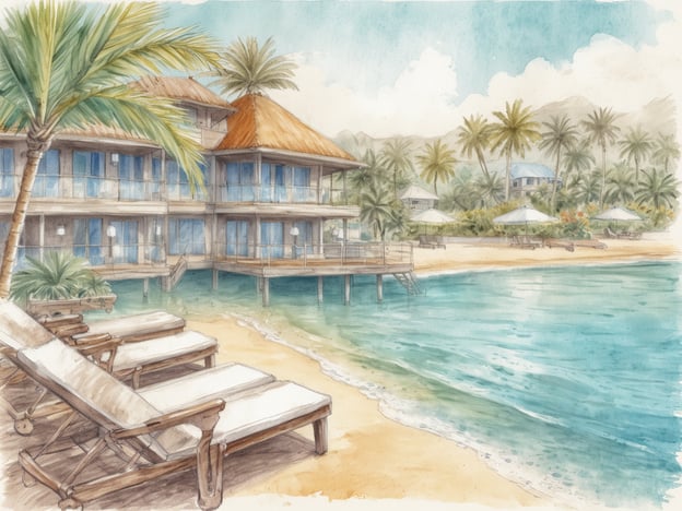 Auf dem Bild ist eine malerische Darstellung eines Urlaubsortes zu sehen, der an einem Sandstrand liegt. Im Vordergrund sind Liegen auf dem Strand angeordnet, und im Hintergrund sind Gebäude mit einem traditionellen, asiatischen Dachstil zu erkennen. Umgeben von Palmen vermittelt die Szene eine entspannende Urlaubsatmosphäre.
Das Centara Sea Sands Resort & Villas Khao Lak ist ein schönes Strandresort, das für seine luxuriösen Villen und Suiten bekannt ist, die meist einen direkten Zugang zum Strand bieten. Die Anlage besticht durch ihre tropische Landschaft, komfortable Annehmlichkeiten und verschiedene Freizeitmöglichkeiten. Gäste können sich auf ein umfangreiches Angebot an Wellnessanwendungen, Restaurants mit internationaler Küche und eine Vielzahl von Wassersportaktivitäten freuen, was das Resort zu einem idealen Ort für Entspannung und Erholung macht.