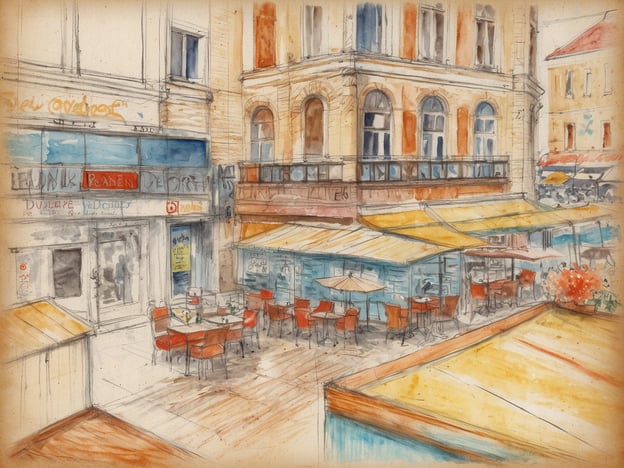 Eine malerische Darstellung des Naschmarkts im vierten Bezirk von Wien. Im Vordergrund sind mehrere Tische mit roten Stühlen unter gelben Markisen zu sehen, die auf einem Holzdeck stehen. Links befindet sich ein Restaurant mit großen Fenstern und einem modernen Eingangsbereich. Die Fassade des Gebäudes zeigt sanfte Farbnuancen und historische architektonische Details. Im Hintergrund sind weitere Gebäude und Sonnenschirme zu erkennen, die den lebhaften Charakter des Marktes unterstreichen. Die warme Farbpalette verleiht dem Bild eine einladende Atmosphäre, die sowohl kulinarische als auch kulturelle Aspekte des Ortes hervorhebt.